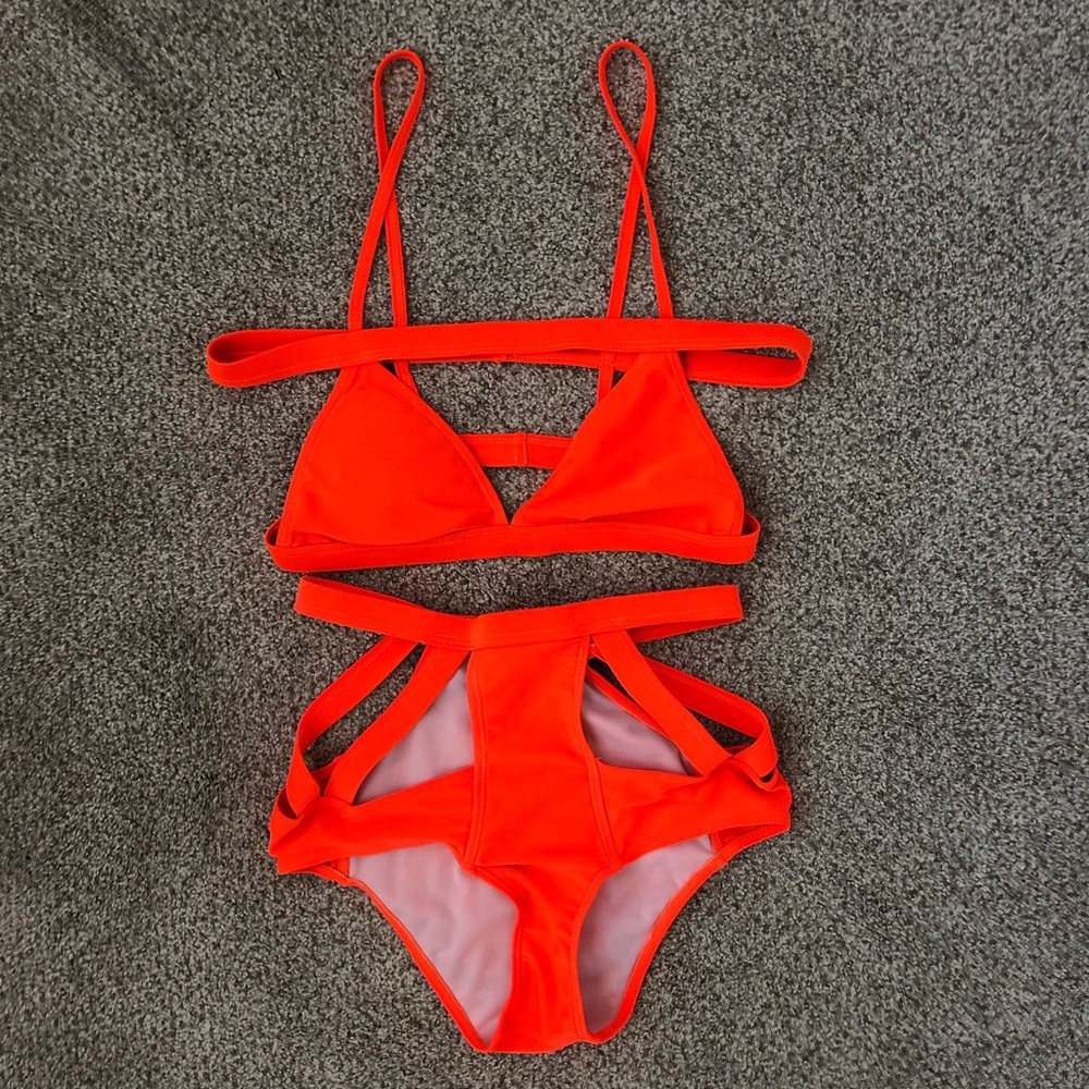 Neon Orange Strappy Bikini Set